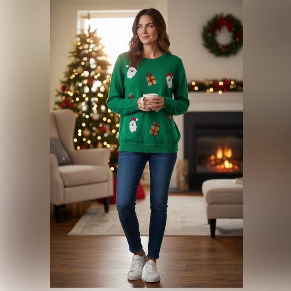 Victoria‎ Harbour Ugly Christmas Sweater Santa Gift Green Size L EUC